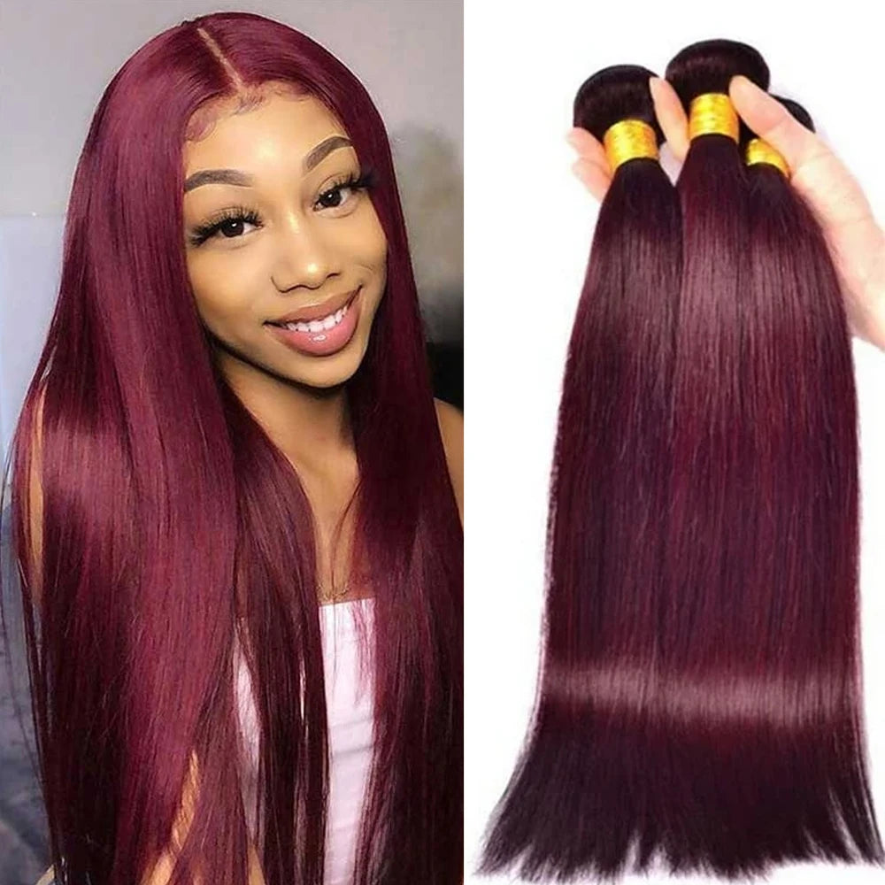 Wine Red #99J Remy Human Hair Weave 16-28 inch Long Silky Straight Unprocessed Virgin Brazilian Hair Weft Extensions for Women