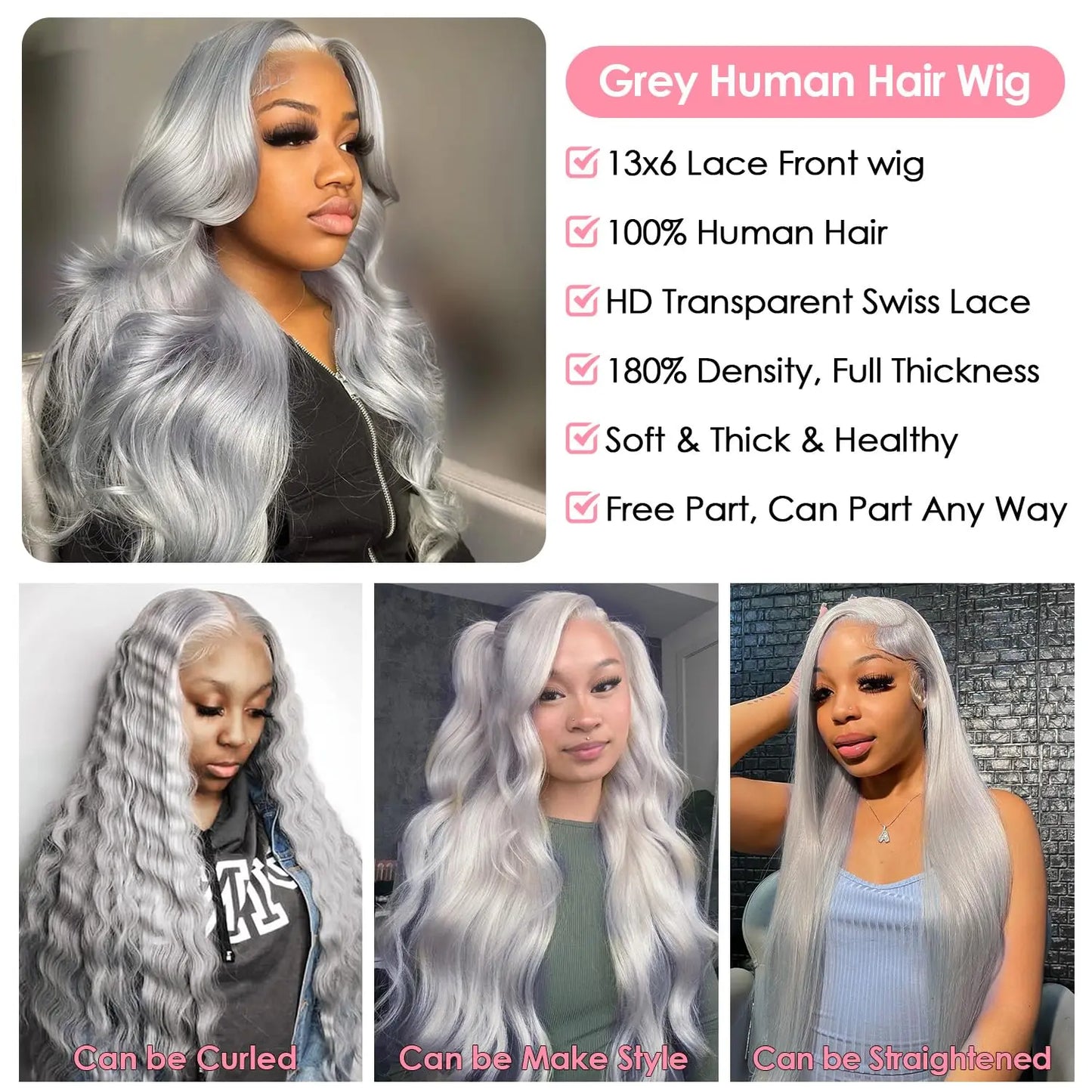 250 Density Silver Grey Human Hair Wigs Preplucked Grely 13X4 HD Transparent Lace Front Wig 613 Blonde Colored Lace Frontal Wig
