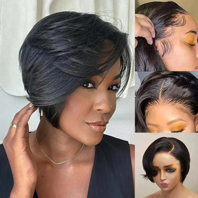Short Pixie Cut Bob Wig Straight Human Hair 150% Density 4×4 Lace Frontal Wig Pre Plucked With Babyhair Natural Hairline