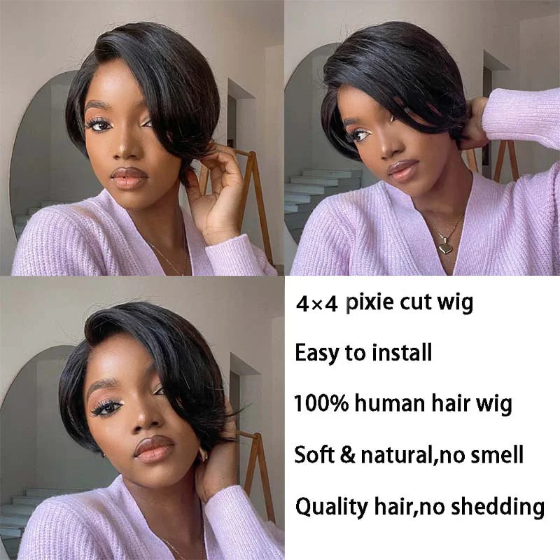 Short Pixie Cut Bob Wig Straight Human Hair 150% Density 4×4 Lace Frontal Wig Pre Plucked With Babyhair Natural Hairline