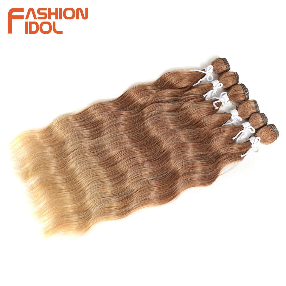 FASHION IDOL Water Wave Hair Bundles Synthetic Hair Extensions Ombre Blonde Hair Weave Bundles 6pcs 20" High Temperature Fiber