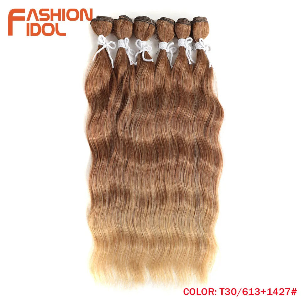 FASHION IDOL Water Wave Hair Bundles Synthetic Hair Extensions Ombre Blonde Hair Weave Bundles 6pcs 20" High Temperature Fiber