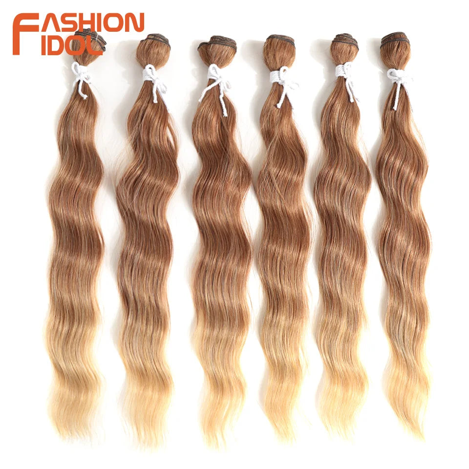 FASHION IDOL Water Wave Hair Bundles Synthetic Hair Extensions Ombre Blonde Hair Weave Bundles 6pcs 20" High Temperature Fiber