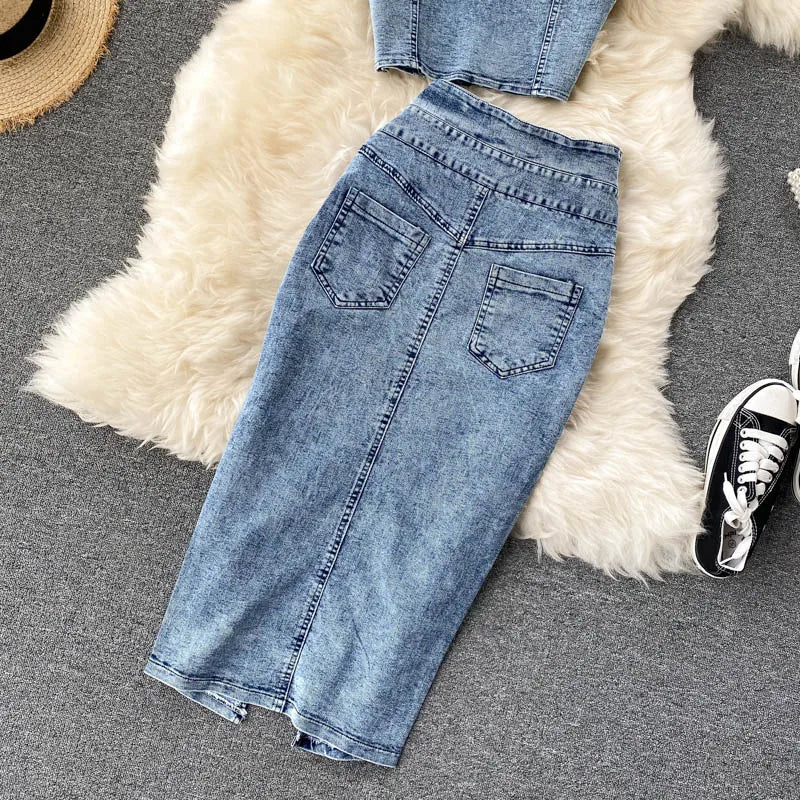 Amolapha Women Jeans Vest+Skirts Sets Straps Tops Buttons Denim Skirt Suits for Woman
