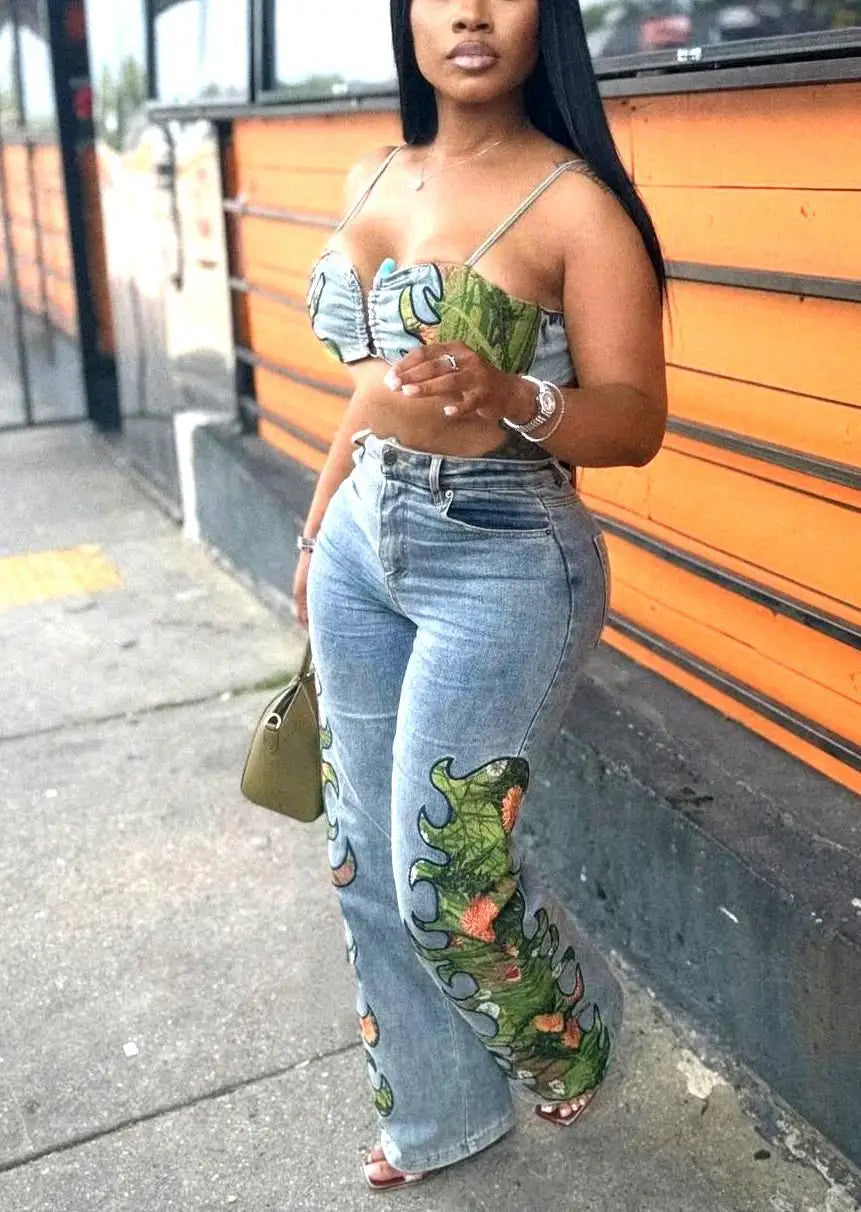 CM.YAYA Fashion Denim Women's Set Spaghetti Strap Crop Top and Wide Leg Jeans Pants Suit 2025 Holiday Two 2 Piece Set Outfit