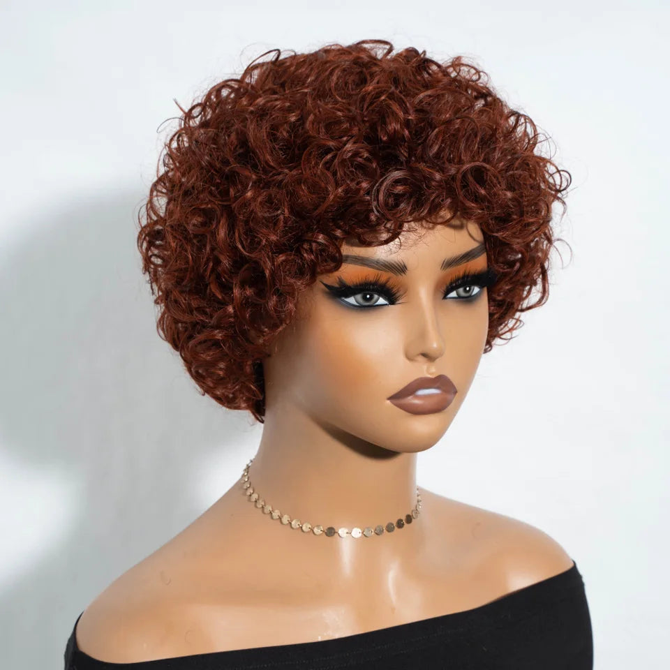 Pixie Short Afro Curly Bob Human Hair Wigs With Bangs For Women Brazilian Remy Hair Put On And Go Natural Brown Kinky Curly Wigs