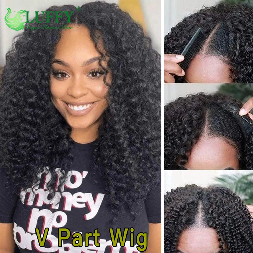 Jerry Curly U V Part Wig Human Hair No Leave Out No Glue Brazilian Curly Wave V Part Glueless Human Hair Wig for Women