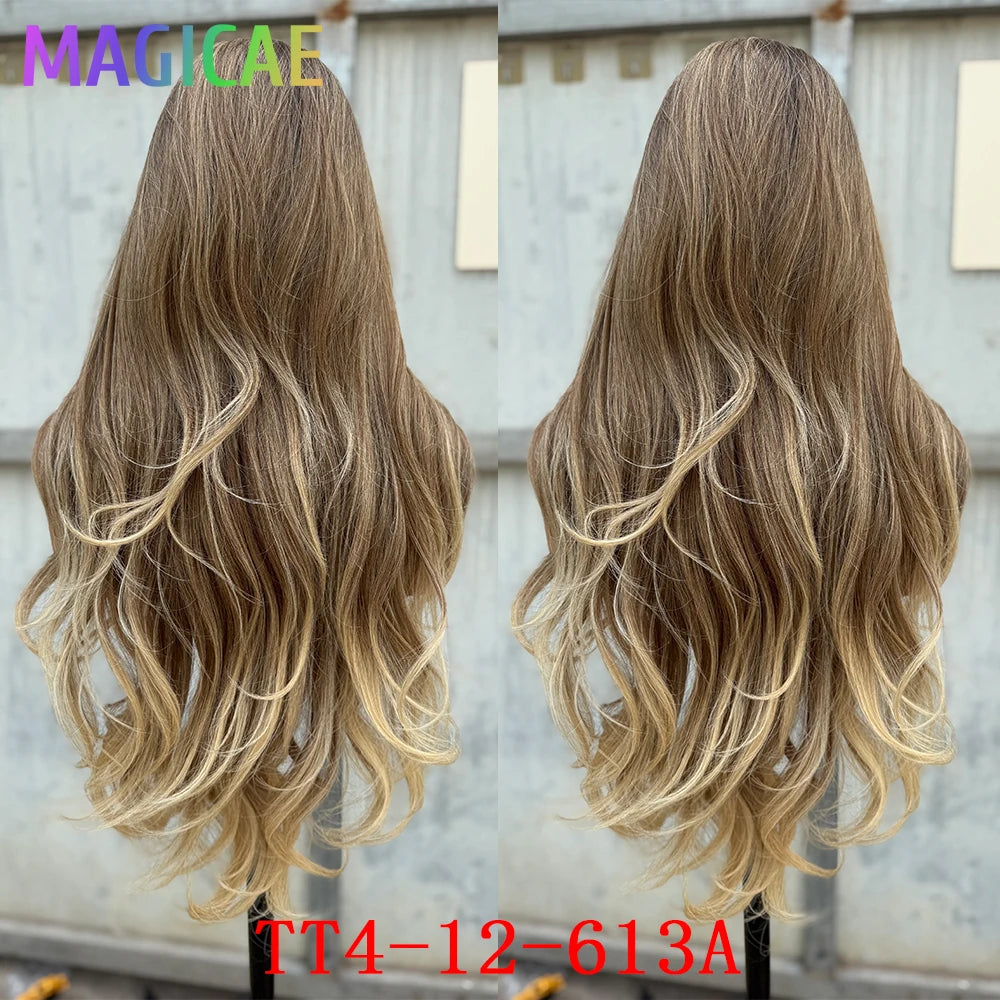 Magicae 13X4 Body Wave Lace Frontal Wigs 30inch Ombre Brown Blond 613# Bio Synthetic Heat Resistant Transparent Frontal Wigs