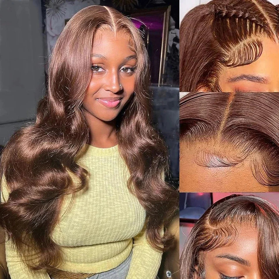 Body Wave Colored Chocolate Brown Human Hair Pre Plucked 4×4 Closure Wig 100% Human Hair Wig HD Swiss Lace 13×4 Front Lace Wig