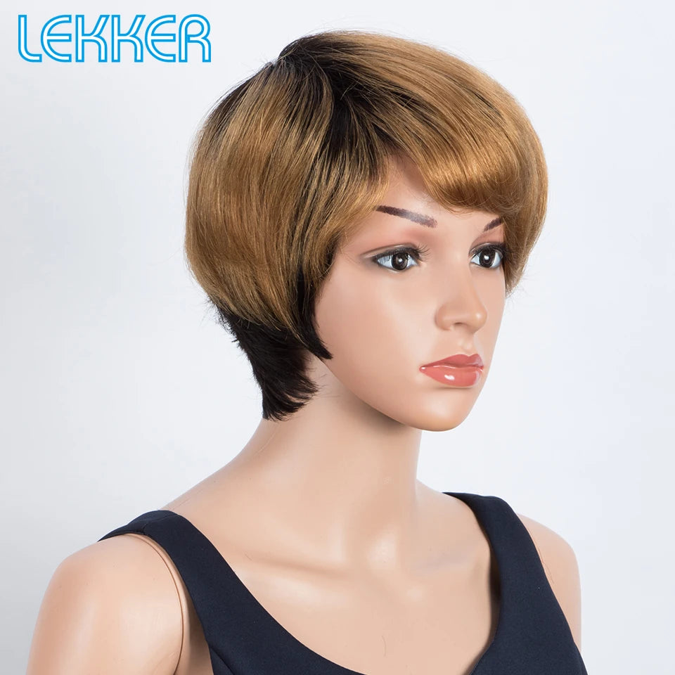 Lekker Ombre Blonde Short Pixie Cut Bob 100% Human Hair Wigs For Women Brazilian Remy Hair Full Machine Made Straight Color Wigs