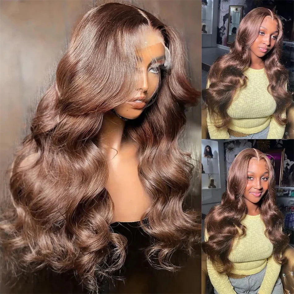 Body Wave Colored Chocolate Brown Human Hair Pre Plucked 4×4 Closure Wig 100% Human Hair Wig HD Swiss Lace 13×4 Front Lace Wig