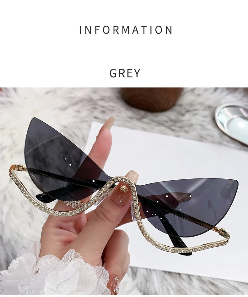 Sexy Cat Eye Rhinestone Rimless Sunglasses Women 2025 Luxury Brand Retro Metal Frame Punk Sun Glasses For Ladies Trendy Shades
