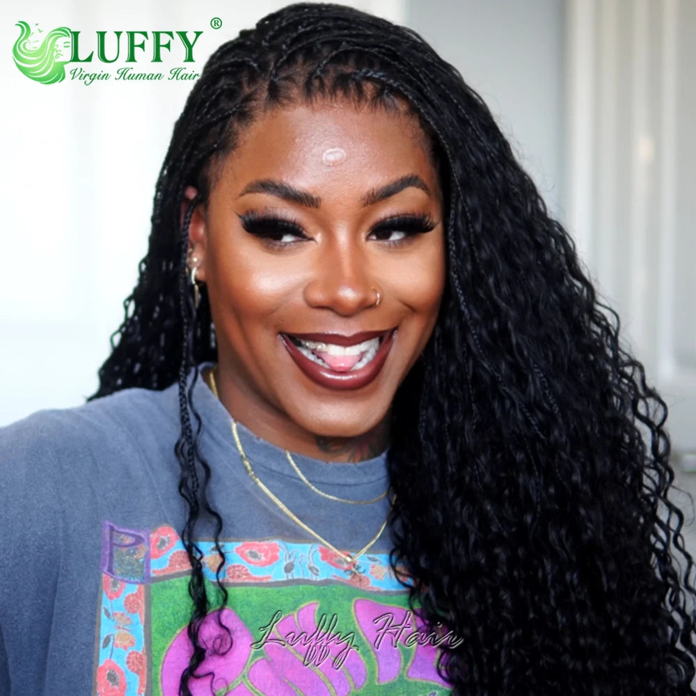 Boho Box Braids Wigs HD Full Lace Braided Wig Human Hair Curly Pre Plucked With Baby Hair Goddess Braided Wigs 300 Density