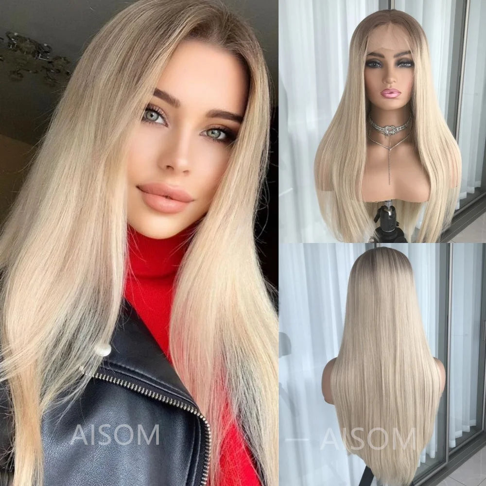Highlight Blonde Platinum Straight Lace Front Wig Synthetic Hair for Women 13x4” Lace Frontal Wig Pre Plucked Blonde Colored Wig
