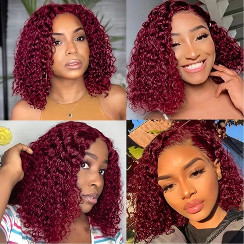 99J Colored Curly Deep Water Wave Lace Front Wig 13x4 Burgundy Remy Short Bob Frontal Human Hair Wigs Women Pre Plucked Wig 200%