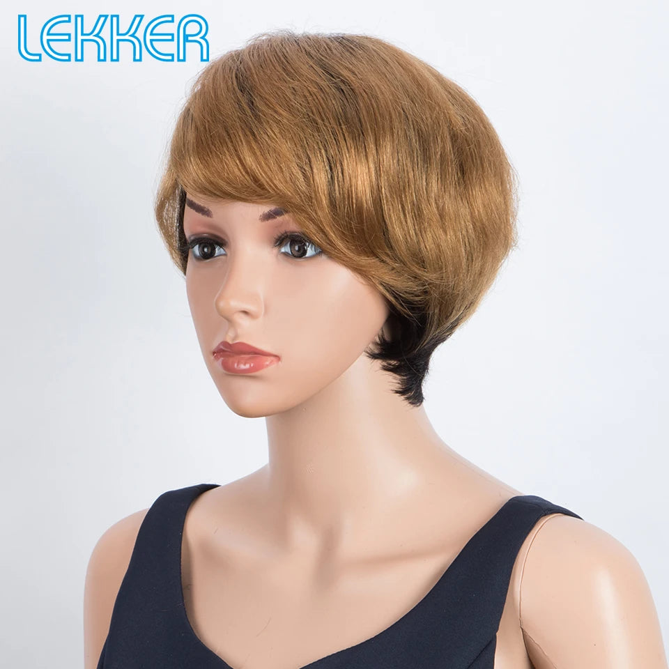 Lekker Ombre Blonde Short Pixie Cut Bob 100% Human Hair Wigs For Women Brazilian Remy Hair Full Machine Made Straight Color Wigs