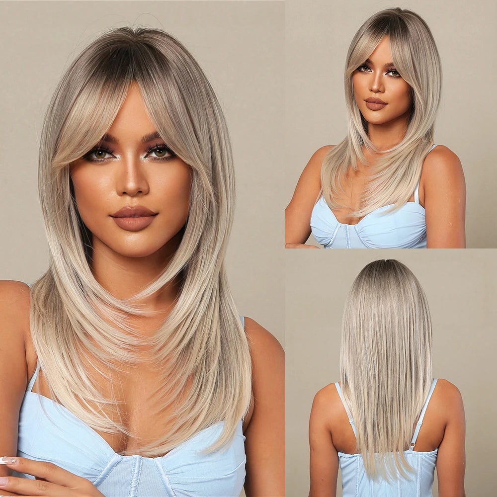 LOUIS FERRE Long Brown Layered Synthetic Wigs With Bangs Caramel Brown Straight Wig Mixed Blonde Highlights Heat Resistant Fibre