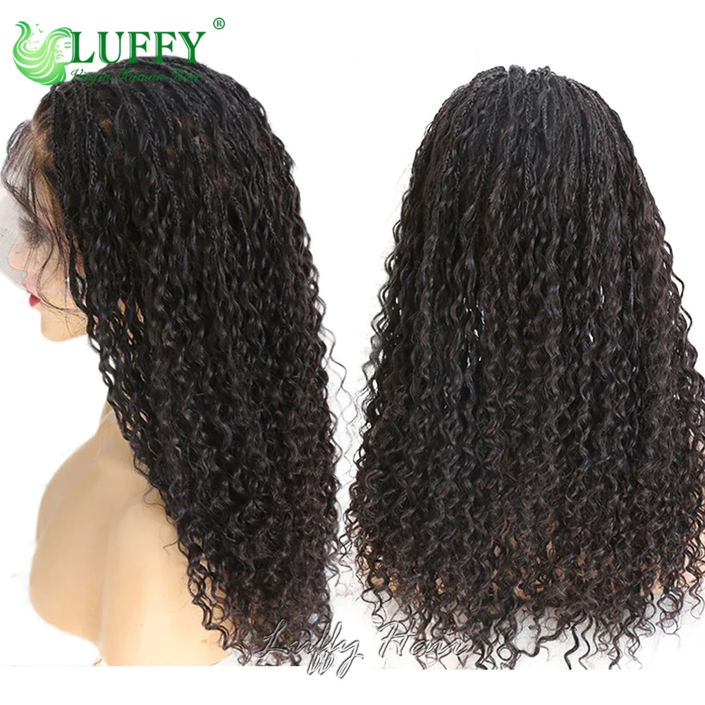 Boho Box Braids Wigs HD Full Lace Braided Wig Human Hair Curly Pre Plucked With Baby Hair Goddess Braided Wigs 300 Density