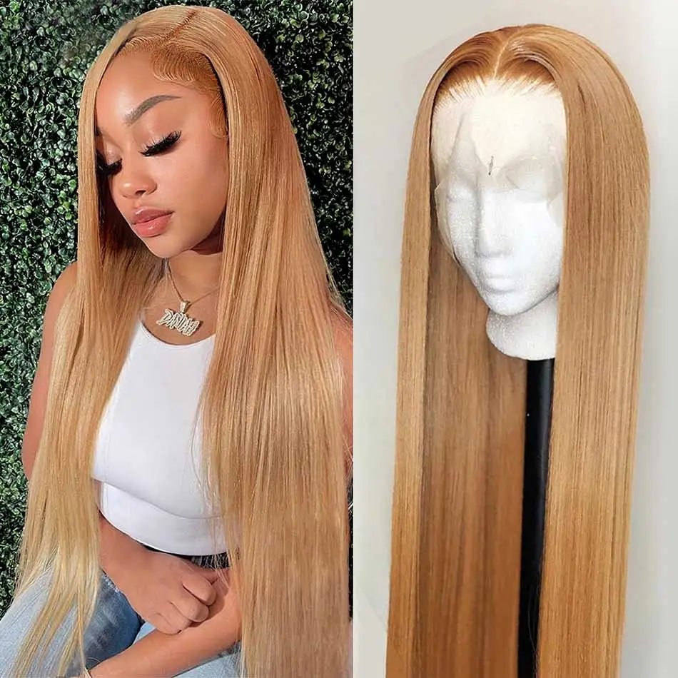 #27 Colored Peruvian Straight Honey Blonde Lace Front Wigs Human Hair Lace Frontal Wigs 13X4 HD Lace Front Human Hair Wigs