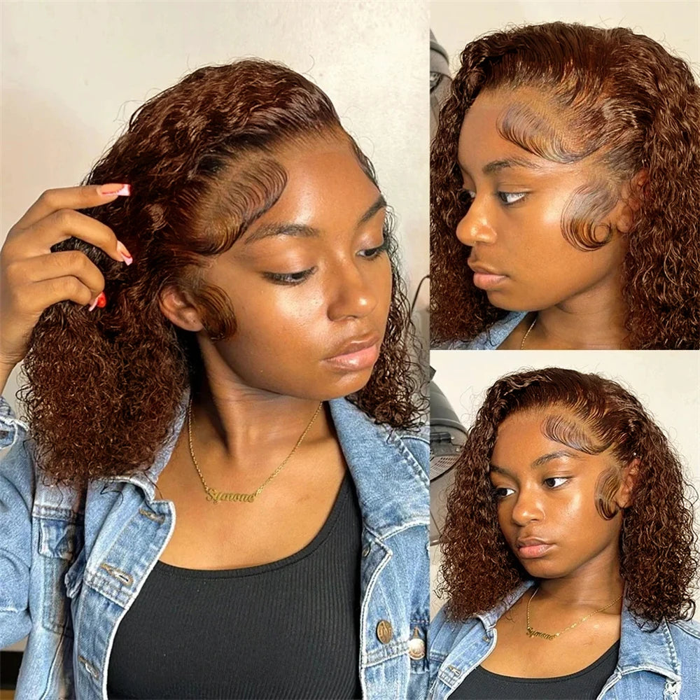 Brown #4 Colored Curly Short Bob Wig 13x4 Bob Wigs Brazilian Water Deep Wave Human Hair Wig Preplucked For Woman Short Pixie Cut