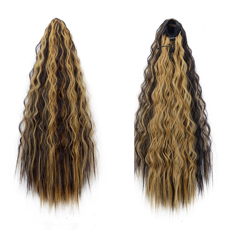 22Inch Synthetic Long Kinky Curly Ponytail Hair Extension Drawstring Wrapped Clip in Hair Black Hairpiecefor Women