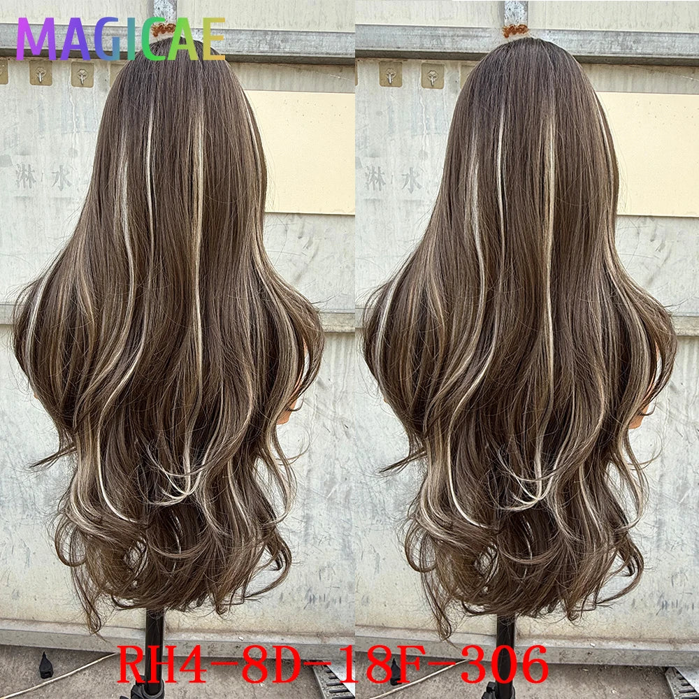 Magicae 13X4 Body Wave Lace Frontal Wigs 30inch Ombre Brown Blond 613# Bio Synthetic Heat Resistant Transparent Frontal Wigs