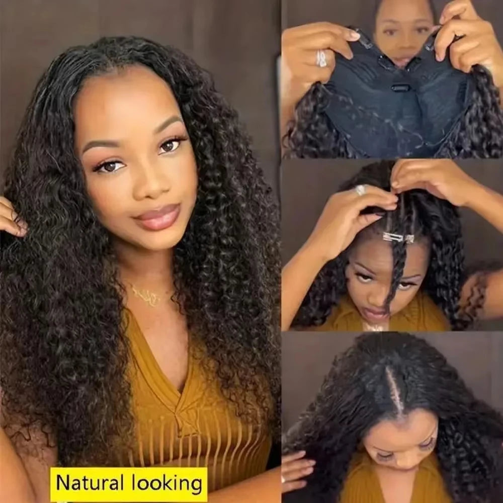 V Part Wig Human Hair No Leave Out Brazilian Water Wave Human Hair Wigs for Women V Part Deep Curly Wigs No Glue Wig Virgin 250%