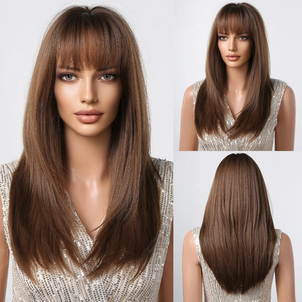 LOUIS FERRE Long Brown Layered Synthetic Wigs With Bangs Caramel Brown Straight Wig Mixed Blonde Highlights Heat Resistant Fibre