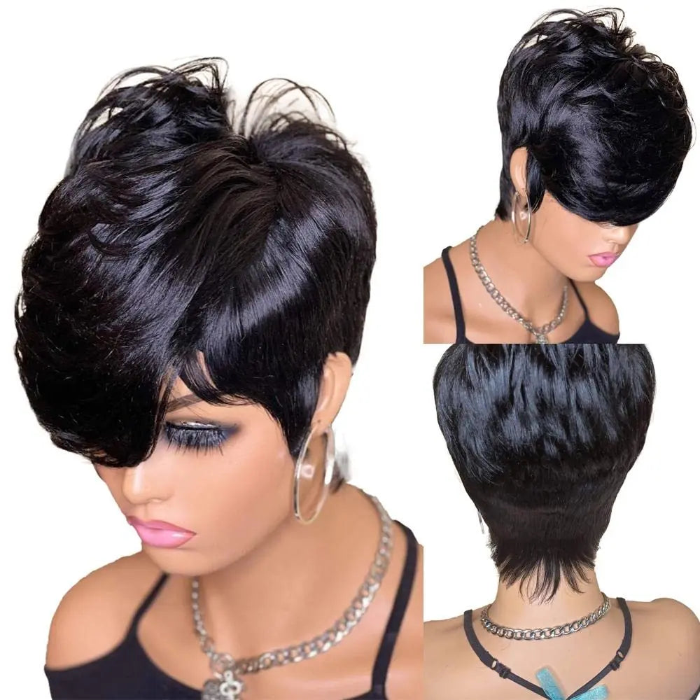 Short Bob Straight Human Hair Wig With Bangs Full Machine Made Long Pixie Cut Wig Glueless 150% Wave Wear And Go Wigs For Women