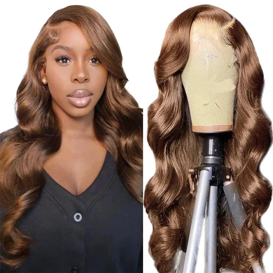Body Wave Colored Chocolate Brown Human Hair Pre Plucked 4×4 Closure Wig 100% Human Hair Wig HD Swiss Lace 13×4 Front Lace Wig