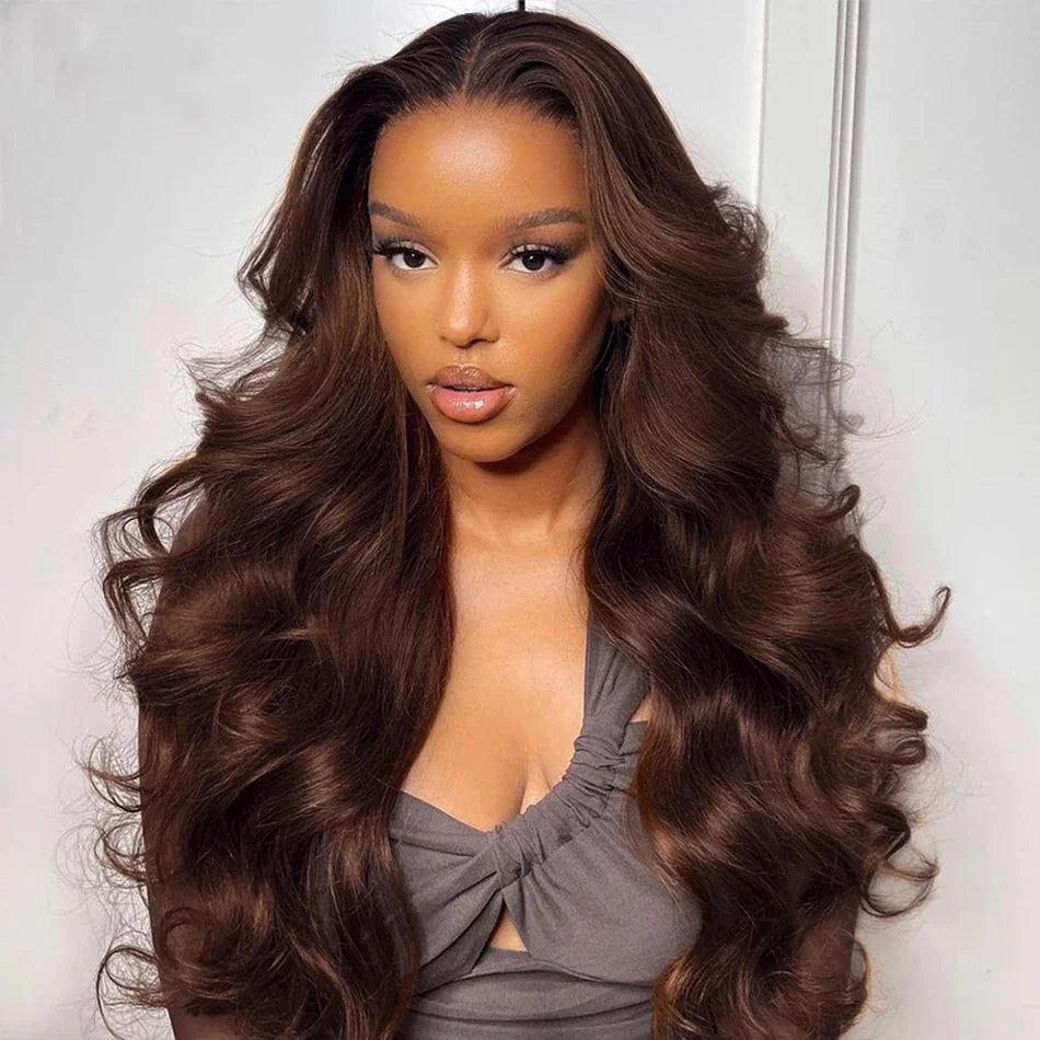 Body Wave Colored Chocolate Brown Human Hair Pre Plucked 4×4 Closure Wig 100% Human Hair Wig HD Swiss Lace 13×4 Front Lace Wig