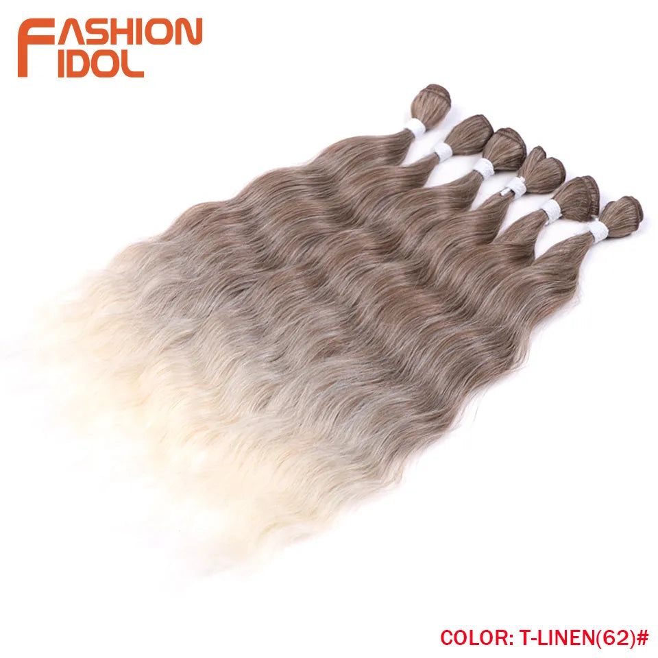 FASHION IDOL Water Wave Hair Bundles Synthetic Hair Extensions Ombre Blonde Hair Weave Bundles 6pcs 20" High Temperature Fiber