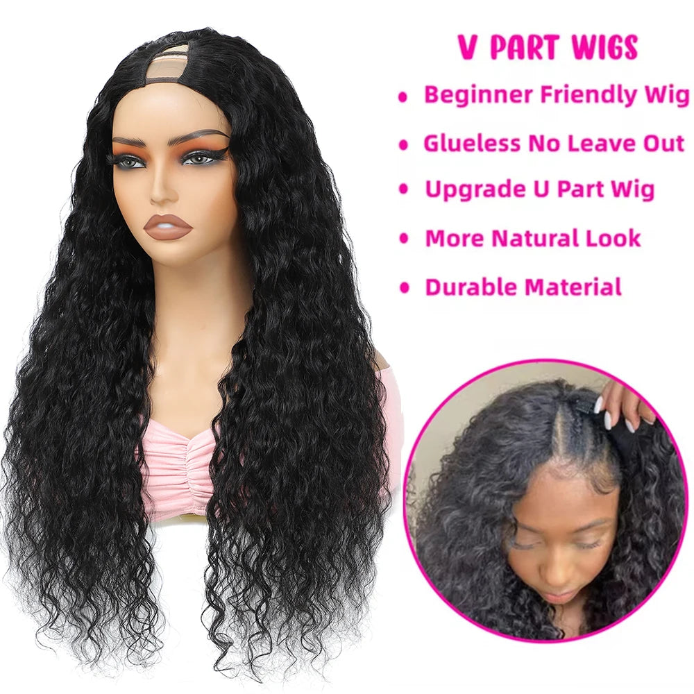 V Part Wig Human Hair No Leave Out Brazilian Water Wave Human Hair Wigs for Women V Part Deep Curly Wigs No Glue Wig Virgin 250%