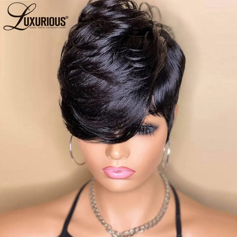 Short Bob Straight Human Hair Wig With Bangs Full Machine Made Long Pixie Cut Wig Glueless 150% Wave Wear And Go Wigs For Women