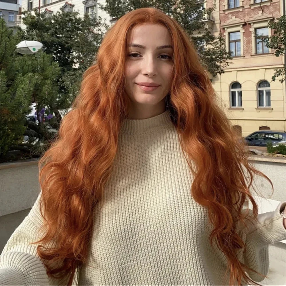 Ginger Orange Wig Long Natural Wave Wig Synthetic Lace Wig Loose Curl Wig Ginger Wig Lace Front Wigs for Women Daily Use Cosplay
