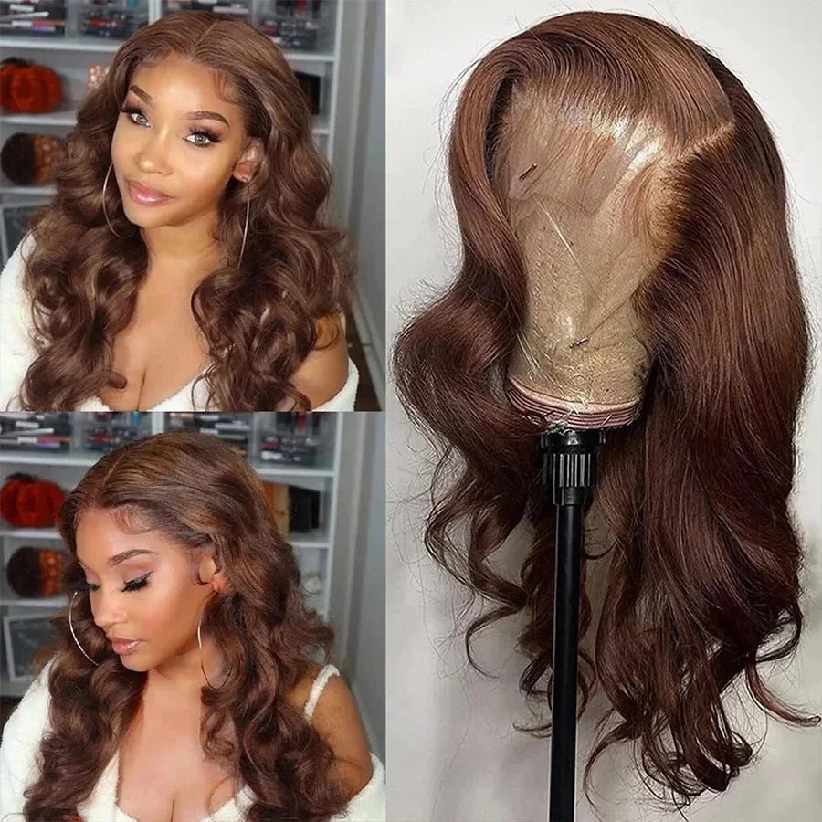 Body Wave Colored Chocolate Brown Human Hair Pre Plucked 4×4 Closure Wig 100% Human Hair Wig HD Swiss Lace 13×4 Front Lace Wig