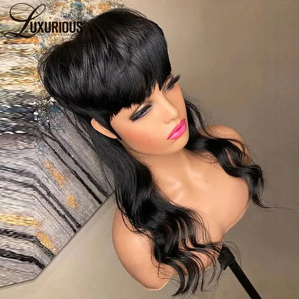 Short Bob Straight Human Hair Wig With Bangs Full Machine Made Long Pixie Cut Wig Glueless 150% Wave Wear And Go Wigs For Women