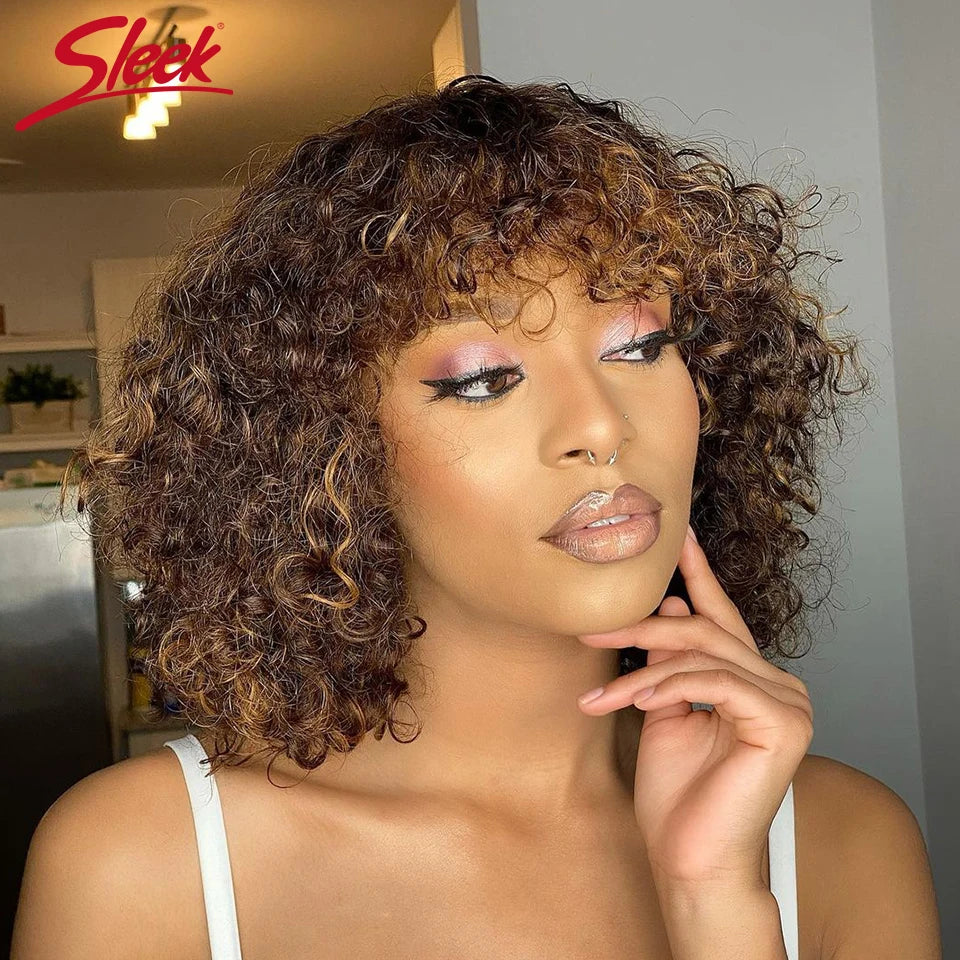 Peruvian Short Pixie Bob Cut Human Hair Wigs With Bangs Jerry Curly Non lace front Wig Highlight Honey Blonde Colored Wigs