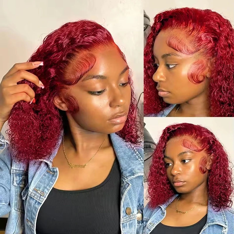 99J Colored Curly Deep Water Wave Lace Front Wig 13x4 Burgundy Remy Short Bob Frontal Human Hair Wigs Women Pre Plucked Wig 200%