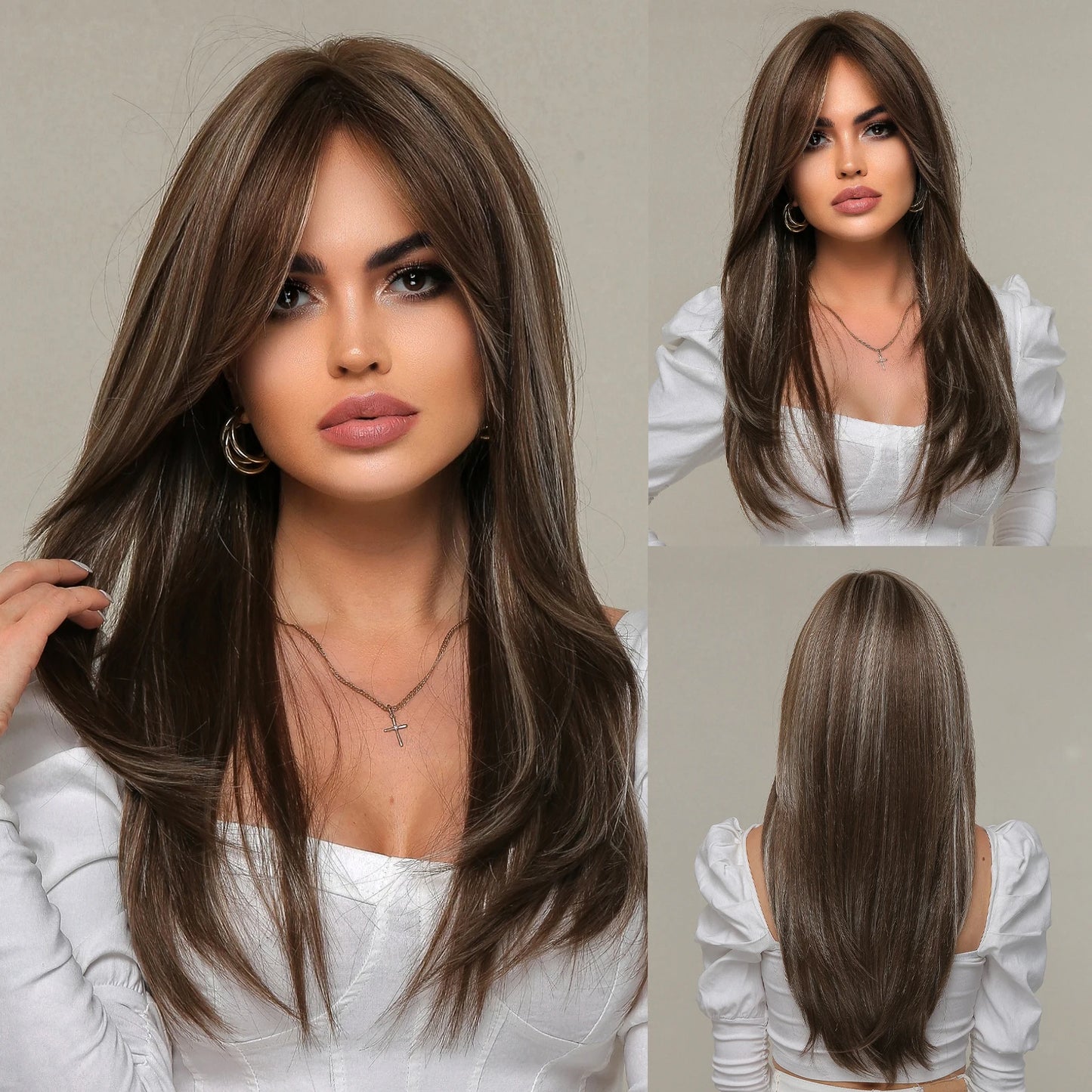 LOUIS FERRE Long Brown Layered Synthetic Wigs With Bangs Caramel Brown Straight Wig Mixed Blonde Highlights Heat Resistant Fibre
