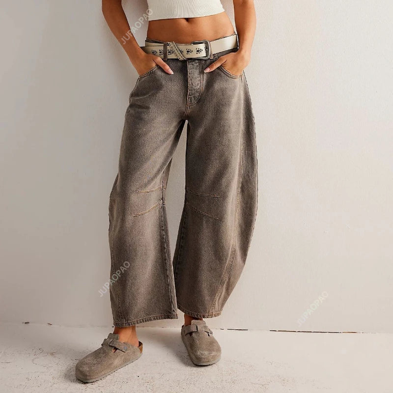 European and American Women's Casual Loose Mid Rise Jeans Trendy Loose Denim Pants Straight Leg Pants Round Neck Jeans Clothes