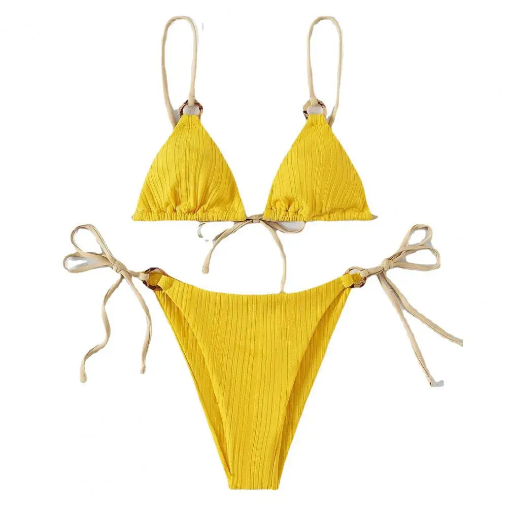 Padded Three-point Women Bikini Set Solid Color Spaghetti Strap Hoop Women Swimsuit Two-piece Swimwear Wireless Bathing Suit