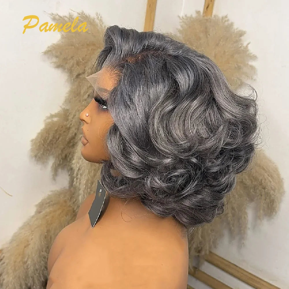 Short Bob Loose Wave Lace 13x4 Lace Front Wigs Pre Plucked Bleached Knots Pixie Cut Transparent Lace Front Gray Human Hair Wigs