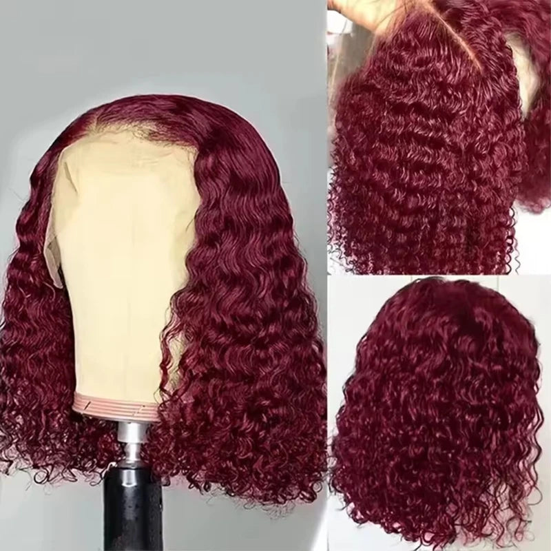 99J Colored Curly Deep Water Wave Lace Front Wig 13x4 Burgundy Remy Short Bob Frontal Human Hair Wigs Women Pre Plucked Wig 200%