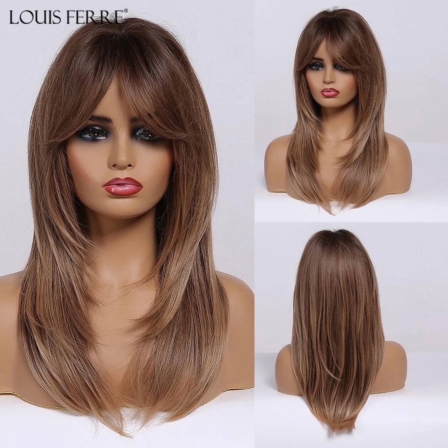 LOUIS FERRE Long Brown Layered Synthetic Wigs With Bangs Caramel Brown Straight Wig Mixed Blonde Highlights Heat Resistant Fibre
