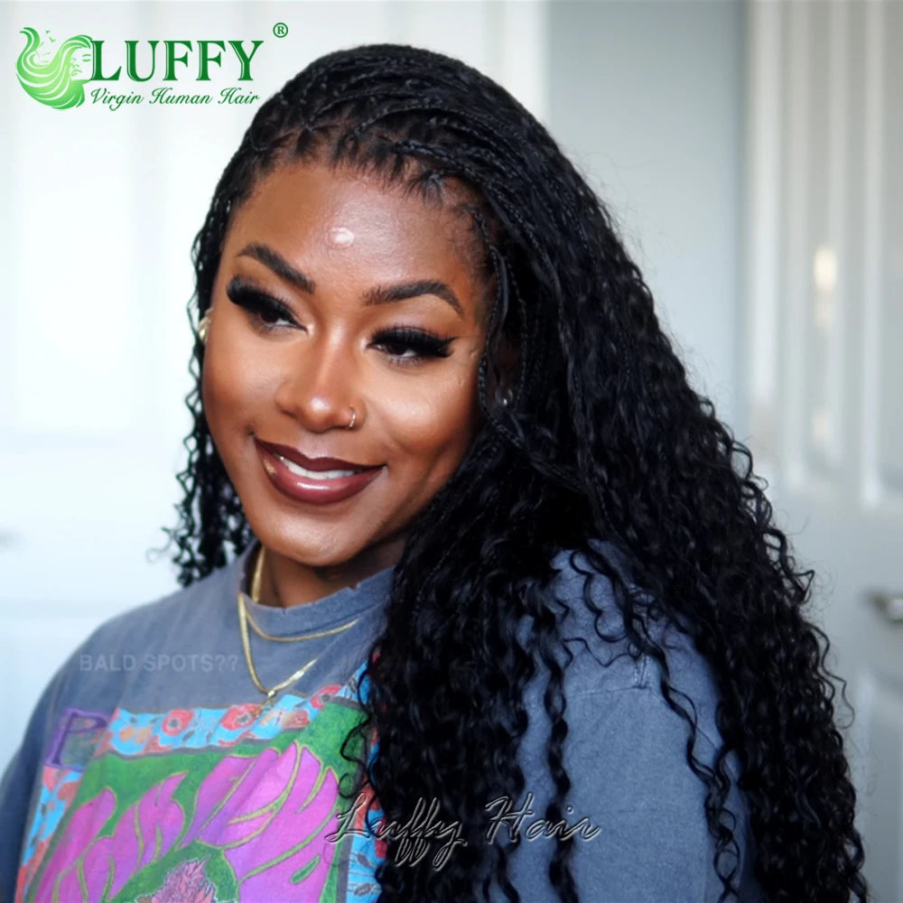 Boho Box Braids Wigs HD Full Lace Braided Wig Human Hair Curly Pre Plucked With Baby Hair Goddess Braided Wigs 300 Density