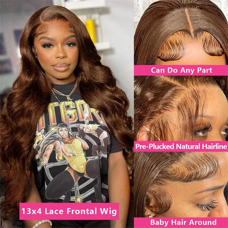 Body Wave Colored Chocolate Brown Human Hair Pre Plucked 4×4 Closure Wig 100% Human Hair Wig HD Swiss Lace 13×4 Front Lace Wig