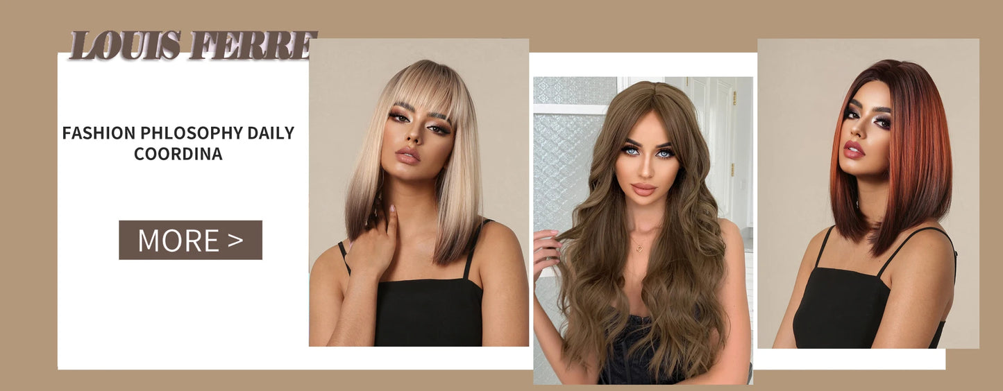 LOUIS FERRE Long Brown Layered Synthetic Wigs With Bangs Caramel Brown Straight Wig Mixed Blonde Highlights Heat Resistant Fibre