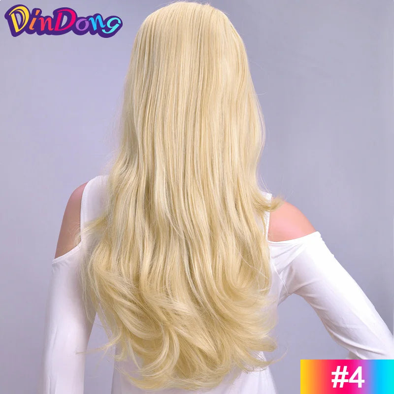 24 Inch Synthetic Long Wavy Head Tied 3/4 Half Wigs for Women With Clips In, Hair Extension Blonde Wigs