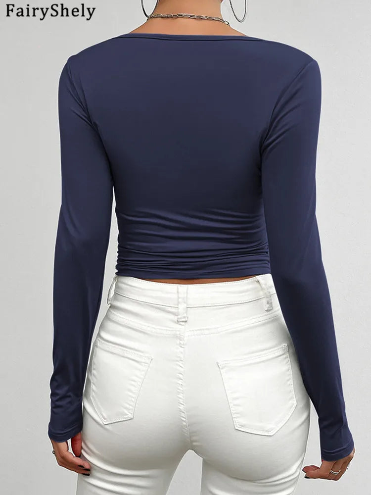Fairyshely 2025 Spring Blue Casual Bodycon T-shirt Sexy Autumn Women Solid Bodycon Crop Top Lady Long Sleeve Clud Short Tops